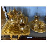 Gold-Toned Metal Tea and Coffee Set with Trays