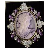 Purple and White Cameo Brooch with Rhinestones