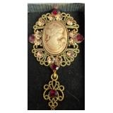 Goldtone Cameo Brooch with Rhinestone Accents