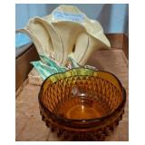 Amber Glass Bowl and McCoy Triple Calla Lily Vase