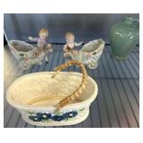 Porcelain Figurines, Basket, and Green Vase