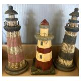 Three Painted Wooden Lighthouse Models