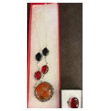 Silver Necklace and Ring With Red Stones