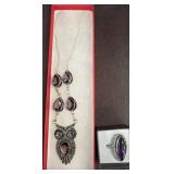 Owl Pendant Necklace and Purple Stone Ring Set