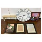 Wall Clock, Shelf, and Assorted Framed Art