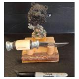 Bear Head Sculpture with Knife and Stand