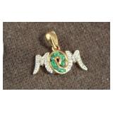 Gold 'Mom' Pendant With Green Stones