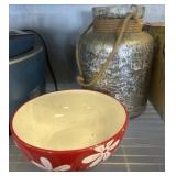 Red Floral Bowl and Rope-Handled Metal Vase