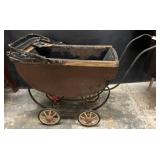 Metal and Wood Baby Carriage with Four Wheels