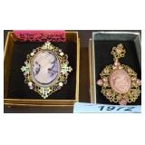 Betsey Johnson Cameo Brooch & Pink Pendant Necklac