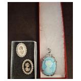 Cameo Brooches With Pearls and Blue Pendant Neckla
