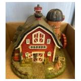 Resin Barn Figurine with Silo and Water Wheel