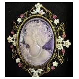 Gold-Tone Cameo Brooch with Floral Accents
