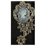 Silver-Tone Cameo Brooch with Rhinestone Accents