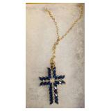 Gold-Tone Cross Necklace with Blue Gem Accents
