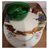 Ceramic Plates and Green Glass Bowl