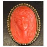 Gold-Tone Red Coral Cameo Brooch, 1-Inch