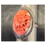 Hand-Carved Coral Ring in Sterling Silver