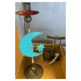 Metal Moon Sculpture and Hanging Pagoda Ornament