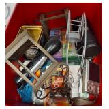 Red Storage Bin with Assorted Items