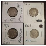 4 Buffalo Nickels, 1916-1918