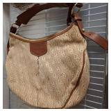 Beige Canvas Shoulder Bag with Leather Trim