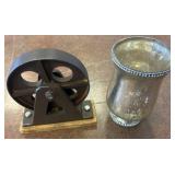 Metal Pulley and Silver-Tone Decorative Vase