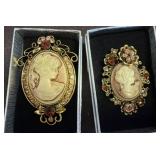 Two Gold-Tone Costume Cameo Brooches with Stones