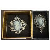Two Costume Cameo Brooches With Rhinestones
