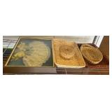 Framed Lace Fan and Assorted Wicker Baskets