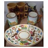 Ceramic Mugs and Floral Platter