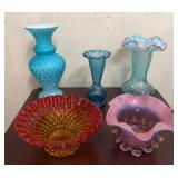 Five Art Glass Vases and Bowls