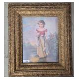 Framed Artwork of Girl Holding Cat, Signed