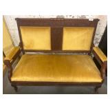 Carved Wood Settee with Gold Upholstered Cushions