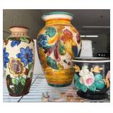 Three Colorful Ceramic Vases and Planter
