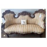 Carved Wood Sofa with Upholstered Backrest and Sea