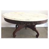 Oval Marble-Top Coffee Table with Carved Base