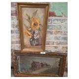 Framed Paintings: Sunflowers and Coastal Scene