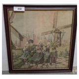 Framed Textile Art Depicting Children and Windmill