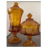 Amber Glass Covered Compotes with Coin Design