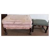 Two Upholstered Ottomans, Fabric and Wood Bases