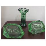 2 Green Glass Ashtrays and Decorative Vase