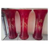 Three Etched Red Glass Vases, 10" Tall
