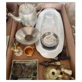 Box Lot of Metalware, Glassware, and Decor