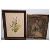 Framed Floral Print and Portrait Illustration, 14x