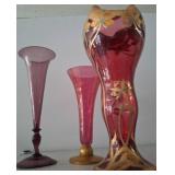 Three Pink and Red Glass Vases, 14in Tall