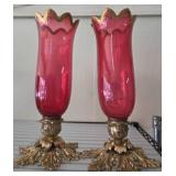 Cranberry Glass Hurricane Lamps, 13"