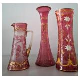 Three Pink Glass Vases with Gilded Decor
