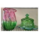 Pink and Green Vase and Green Glass Butter Dish