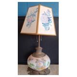 Hand-Painted Glass Lamp With Floral Shade, 32in